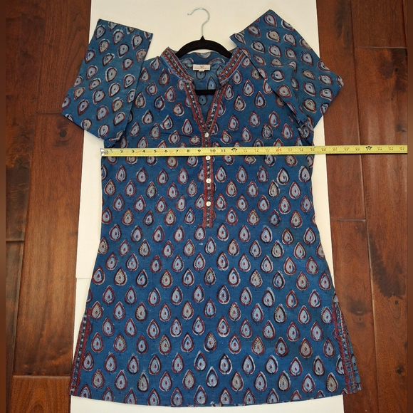 ANOKHI 100% Cotton Straight Tunic in Blue Ruby Red Handcrafted Pattern - Size M - Picture 6 of 13